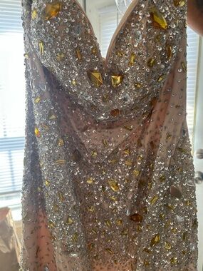 Terani Couture Peach Evening Dress with Gold Logo Tag